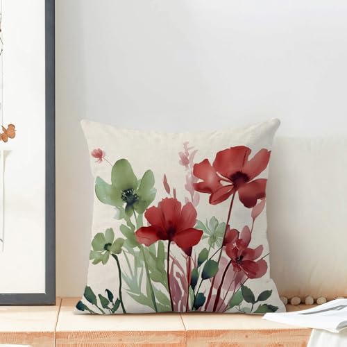 Floral Pillow Covers 18x18 Inches Set of 2 Sage Green Burgundy Red