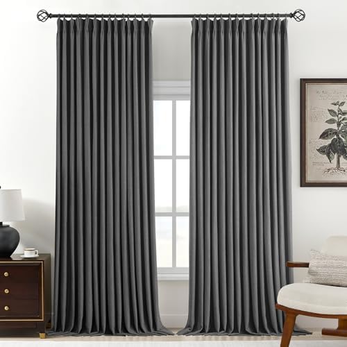 Pinch Pleated Linen Curtains 100% Blackout 108 Inches Long for Bedroom