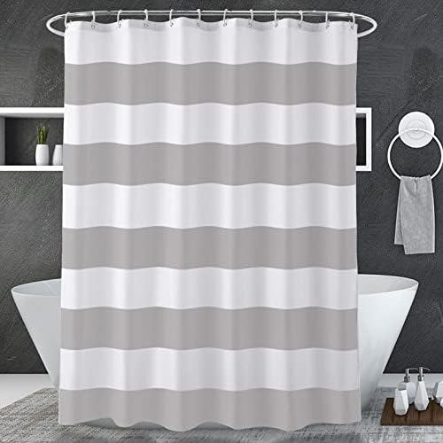 AmazerBath Grey and White Shower Curtain Fabric, Striped Shower