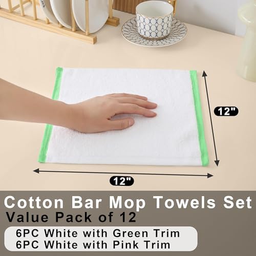 VOOVA & MOVAS White Bar Mop Towels, 12 Pack, 100% Cotton, Green Pink