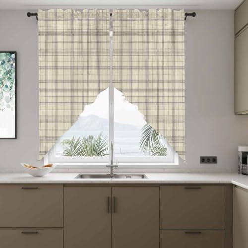Beige Grid Gingham Swag Valance Curtains Abstract Modern Minimalist