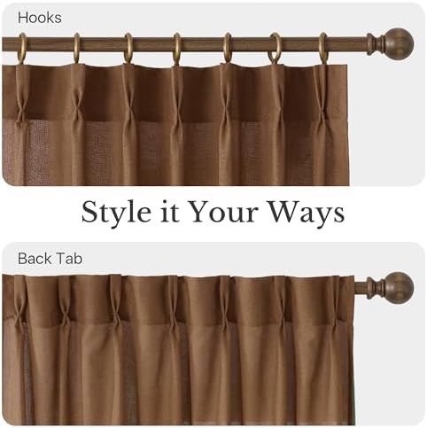 NICETOWN Pinch Pleated Linen Gold Brown Curtains 96 inches Long, Flax