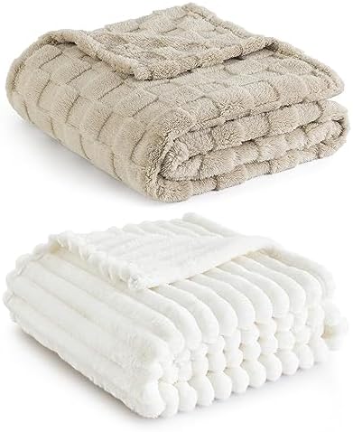 Bedsure Fleece King Blanket(White & Beige)