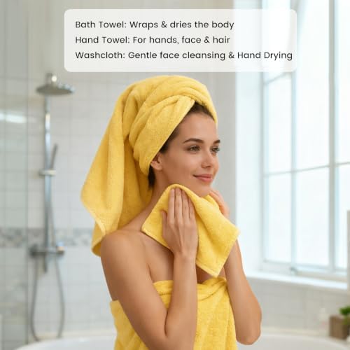 12-Piece Cotton Bath Towel Set with Hanging Loops for Bathroom, Yellow