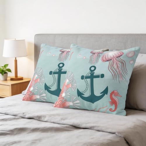 20 x 20 Inch Pillow Covers Set of 2, Ocean Coastal Decorative Throw