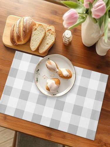 Grey White Plaid Placemat Set of 8, Modern Geometric Minimalist Grid