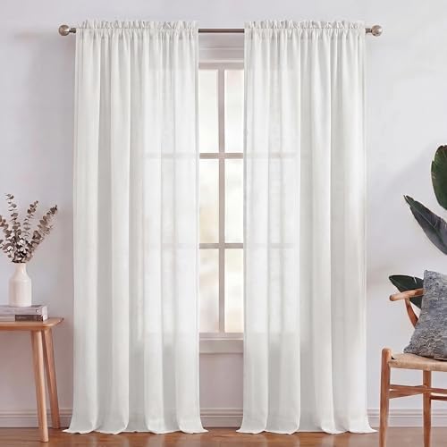 Turquoize White Linen Curtains 96 Inches Long Semi Sheer Curtains