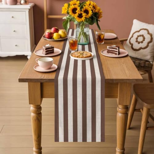 Taupe Brown Stripe Beige Striped Table Runners 90 Inches Long, Modern