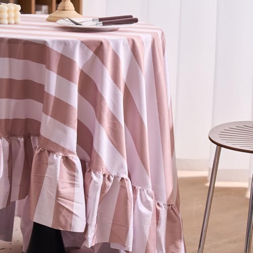 Beige and Khaki Striped Round Tablecloth 70 Inch Boho Ruffle Velvet