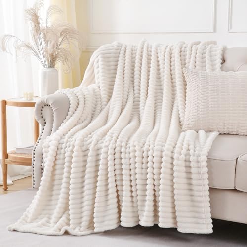 Cream White Throw Blanket for Couch Sofa 50x70 inches Striped Design