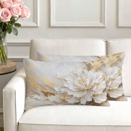 White Floral Lumbar Pillow Covers 12 x 20 Inch Pillow Covers Set of 2