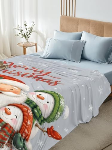 Cal King Size Flat Sheet Only, Santa Claus Snowman Bed Top Sheet Soft