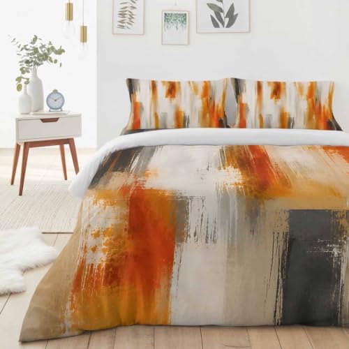 Orange Beige Gray Duvet Cover Queen Size Bedding Set 4 Pieces, 1