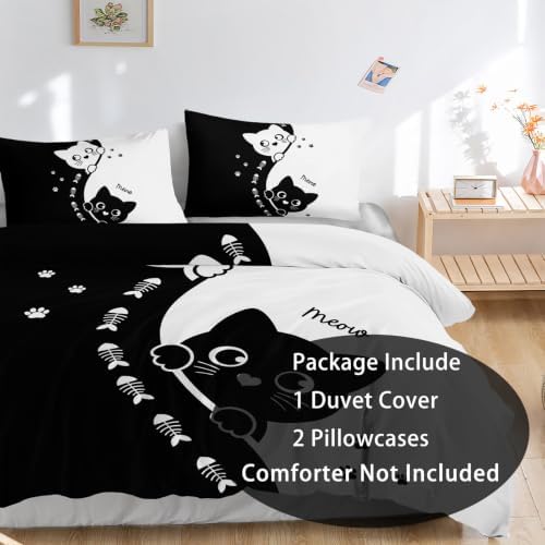 AILONEN Playful Cats Duvet Cover Set King, Black White Fishbone