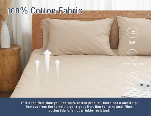 Pillow Cases King Size 100% Cotton Percale Set of 2, Sandshell