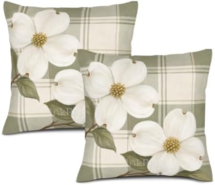 InkRain Dogwood Flower White Sage Green Plaid Pattern Theme Pillow