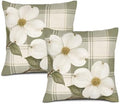 InkRain Dogwood Flower White Sage Green Plaid Pattern Theme Pillow