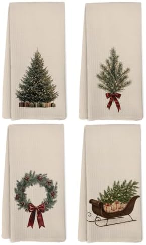 Vintage Christmas Tree Wreath Santa Sleigh Kitchen Towels Set of 4