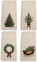 Vintage Christmas Tree Wreath Santa Sleigh Kitchen Towels Set of 4