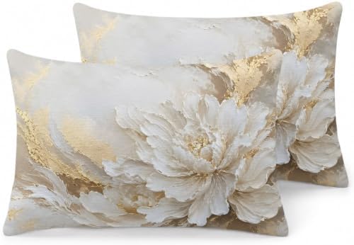 White Floral King Pillow Cases Set of 2, Modern Abstact Oil Painting