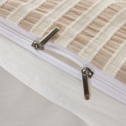 Striped King Duvet Cover Beige Washed Cotton Jacquard 3 Pieces Bedding
