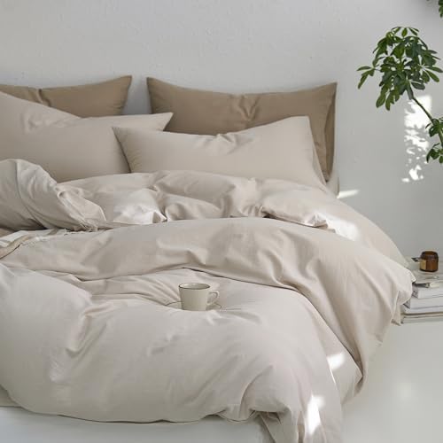 MooMee Upgraded Softer Duvet Cover Set 100% Washed Cotton Twill Queen