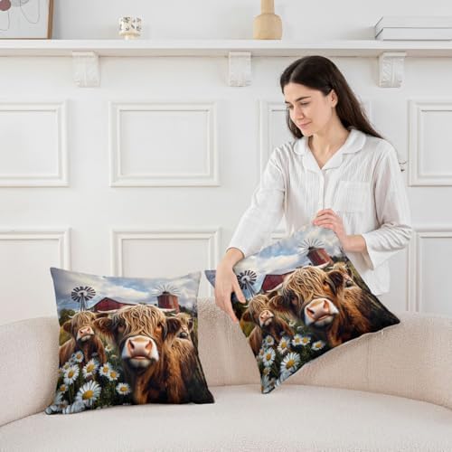 jejeloiu Highland Cow Throw Pillow Covers Set of 2 Daisy Botanical