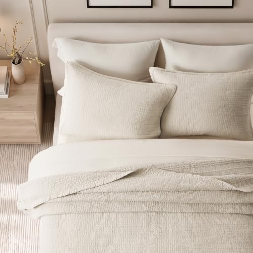 EverGrace Stonewashed Textured Cotton Quilt Set, Queen Size, Flax