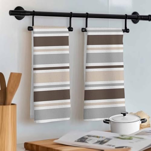 Brown Beige Gray Stripes Line Kitchen Towels 3 Pack,Microfiber Dish