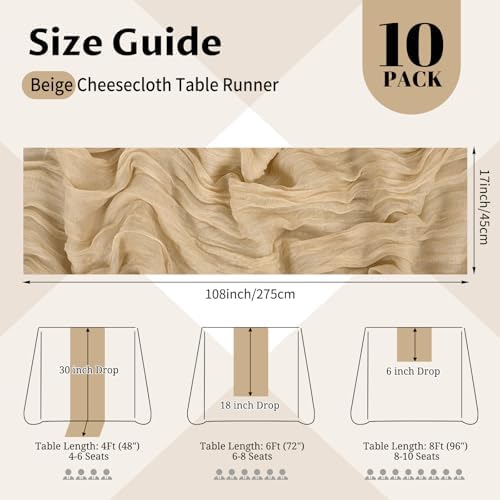 10 Pack Beige Cheesecloth Table Runner 17x108 Inch Semi Sheer Boho