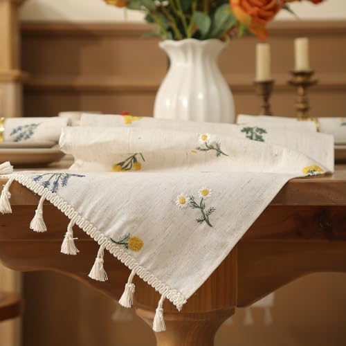Boho Daisy Embroidered Linen Table Runner with Tassels Set of 1 Runner