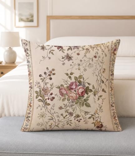 Vintage Rose Pillow Cover 18x18, French Country Botanical Print