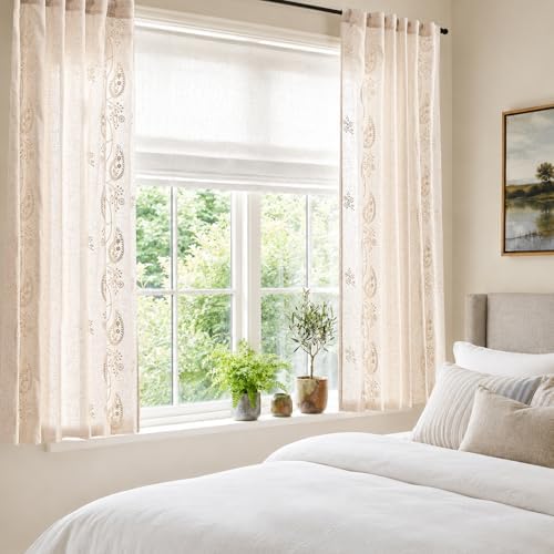jinchan Linen Curtains 63 Inch Ivory Floral Drapes Back Tab 2 Panels