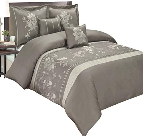 sheetsnthings Full/Queen Myra Gray 5-Piece Duvet Cover Set Embroidered