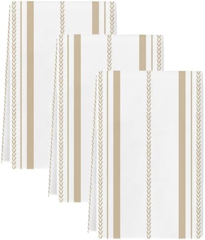 Beige Vertical Stripes Kitchen Towels Set of 3, Absorbent Dish Towels