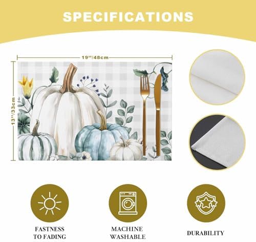 Placemats Set of 8, Thanksgiving Autumn Pumpkins Washable Table Mats