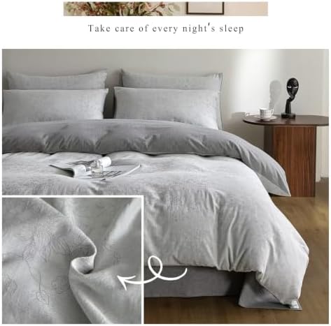 Botanical Floral Duvet Cover Set Full Washed Cotton Light Gray Bedding