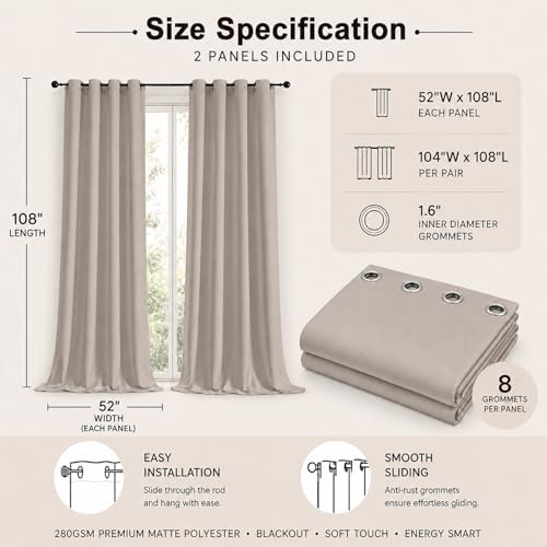 Simplebrand Grommet Blackout 108 Inch Long Curtains 2 Panel for Large