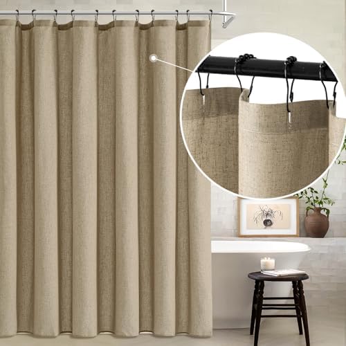 MIULEE W72*L84 Extra Long Linen Shower Curtain Khaki 12 Metal Hooks