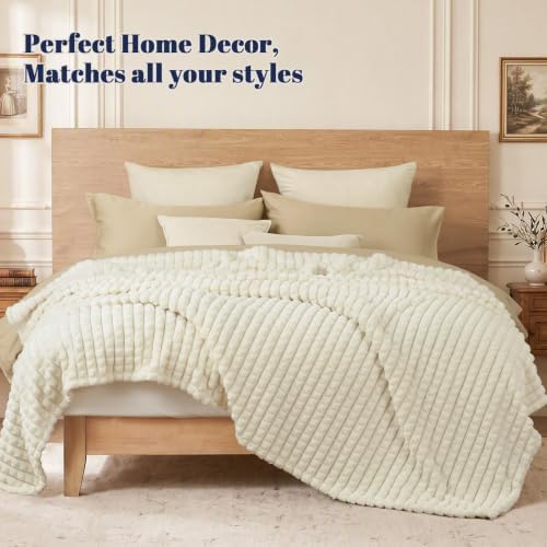 PHF Luxury Soft Fleece Blanket King Size for Bed No-Shed Cream