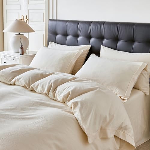 YuHeGuoJi Beige Yellow Botanical Duvet Cover King 100% Cotton 3 Pcs