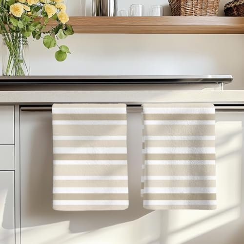Beige Brown Striped Kitchen Towels Set of 3, Absorbent Microfiber Dish