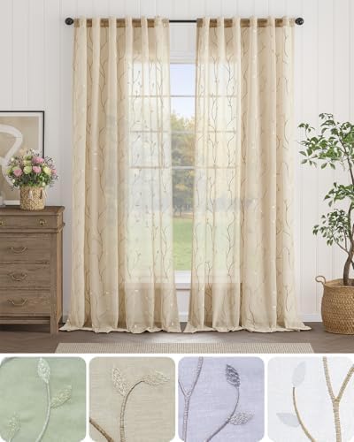 jinchan Beige Leaf Voile Embroidered Curtains 96 Inch Back Tab 2