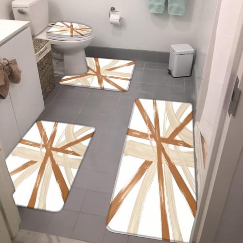 4PC Abstract Bath Mat Set Modern, Tan Beige, 19.7x31.5+23.6x35.4 Inch