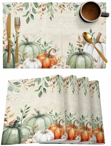 Placemats Set of 8, Sage Green Pumpkin Woven Placemat, Linen Place