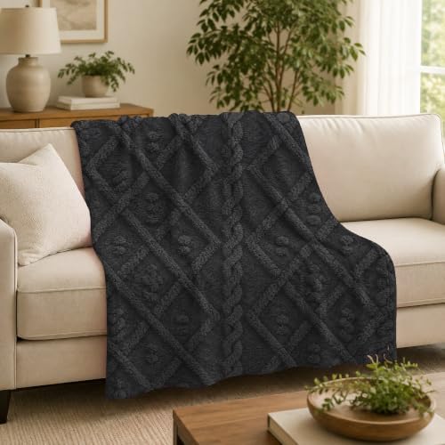 Charcoal Cable Knit Pattern Print Throw Blanket, Soft Lightweight