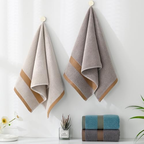 YiLUOMO Brown Hand Towel Set of 2 with Classic Woven Band Soft 100%