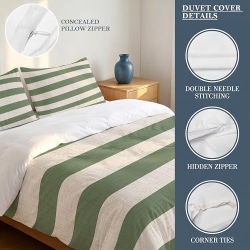 3 Pieces Duvet Cover California King Bedding Sets Sage Green Stripe