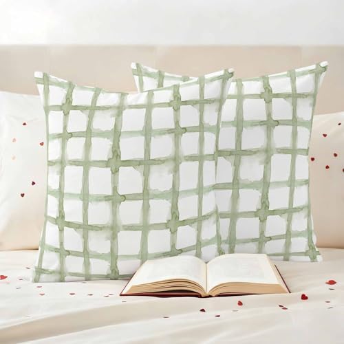 Outdoor Throw Pillow Covers,Retro Geometric Sage Green Check