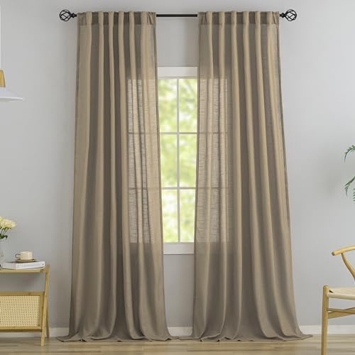 Back Tab Linen Country Farmhouse Curtains - 96 Inch Long, 2 Panels